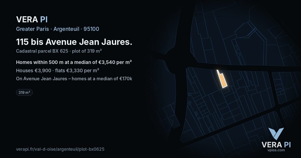 115 bis Avenue Jean Jaures, Argenteuil at night – the plot lit, the parcels around coloured by the prices near them