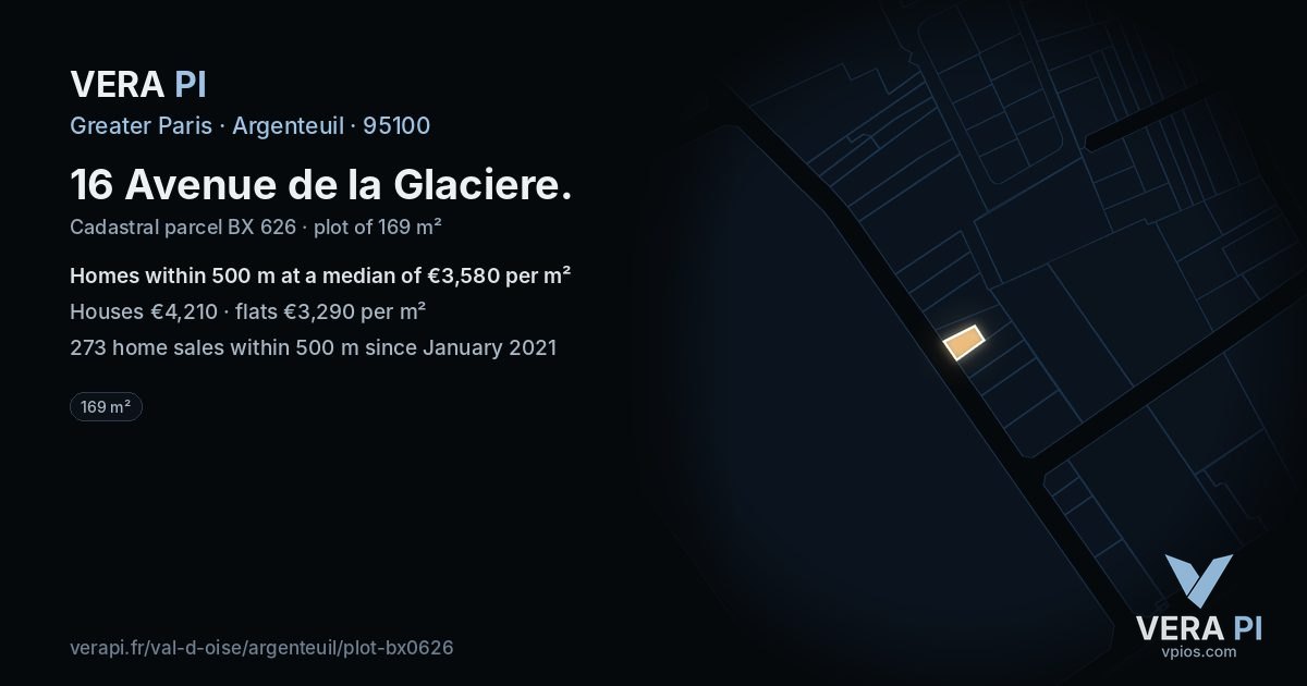 16 Avenue de la Glaciere, Argenteuil at night – the plot lit, the parcels around coloured by the prices near them