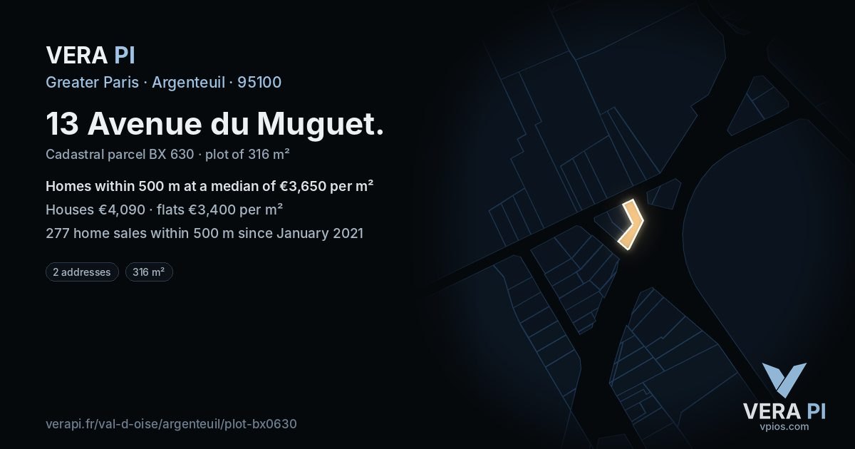 13 Avenue du Muguet, Argenteuil at night – the plot lit, the parcels around coloured by the prices near them