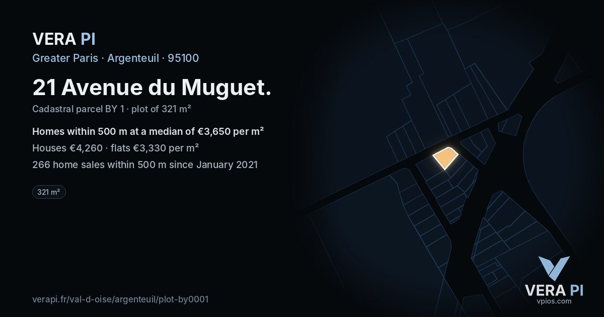 21 Avenue du Muguet, Argenteuil at night – the plot lit, the parcels around coloured by the prices near them