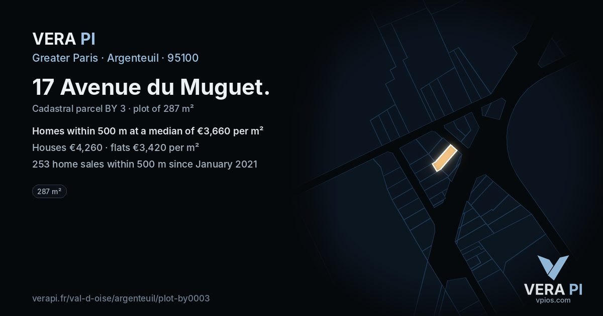 17 Avenue du Muguet, Argenteuil at night – the plot lit, the parcels around coloured by the prices near them