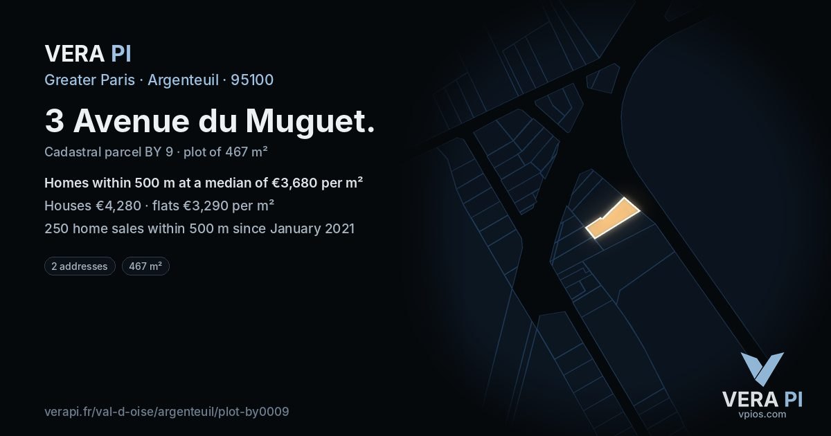 3 Avenue du Muguet, Argenteuil at night – the plot lit, the parcels around coloured by the prices near them