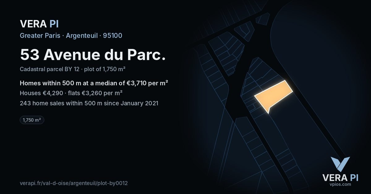 53 Avenue du Parc, Argenteuil at night – the plot lit, the parcels around coloured by the prices near them
