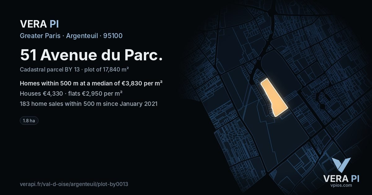 51 Avenue du Parc, Argenteuil at night – the plot lit, the parcels around coloured by the prices near them