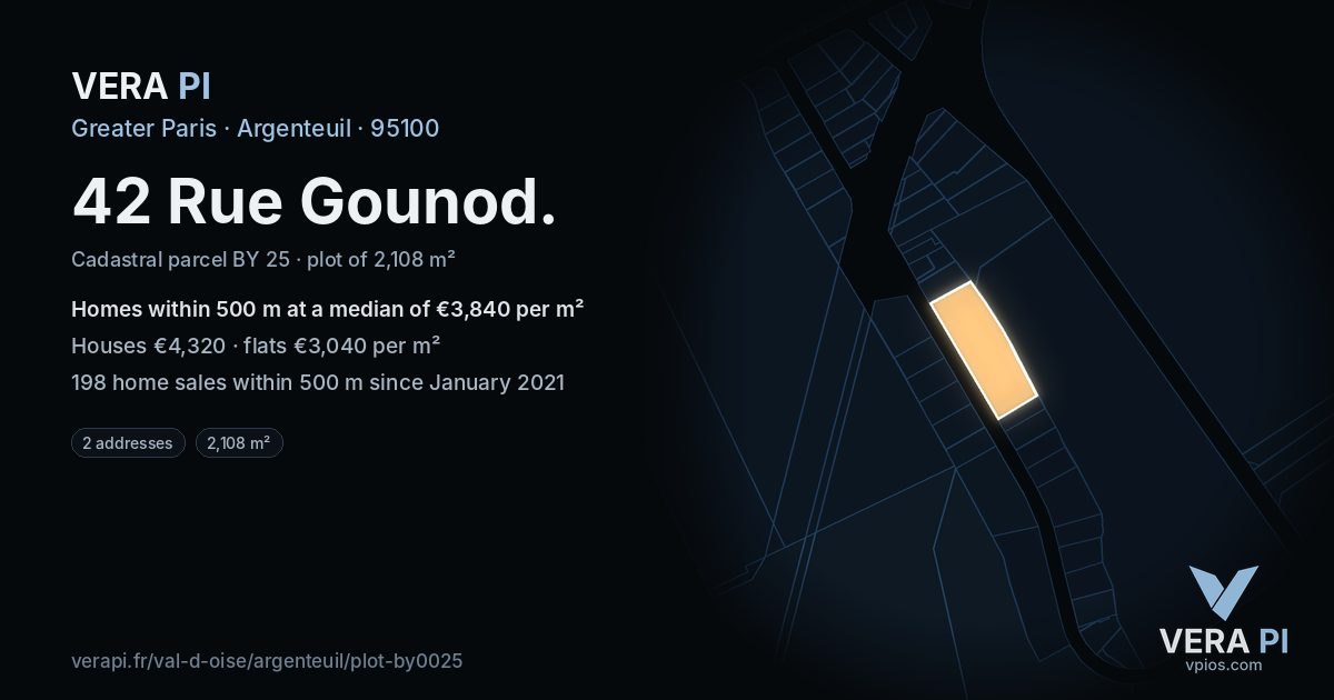 42 Rue Gounod, Argenteuil at night – the plot lit, the parcels around coloured by the prices near them