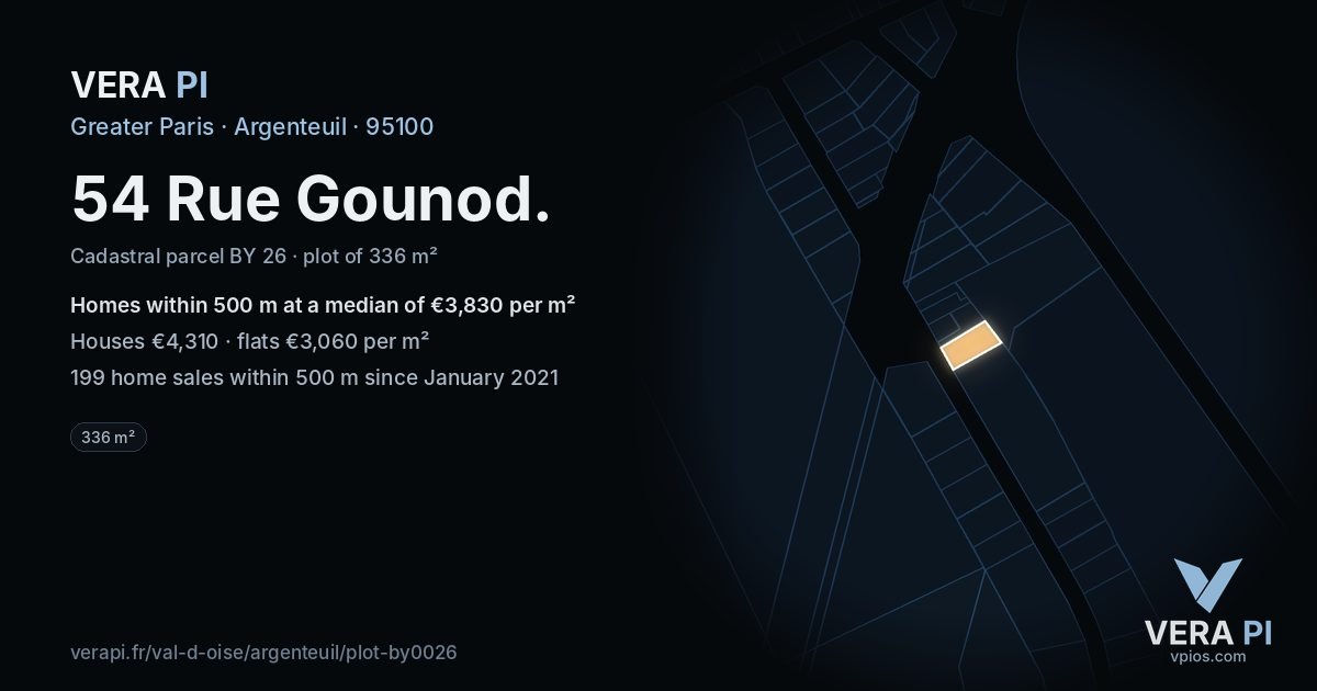 54 Rue Gounod, Argenteuil at night – the plot lit, the parcels around coloured by the prices near them