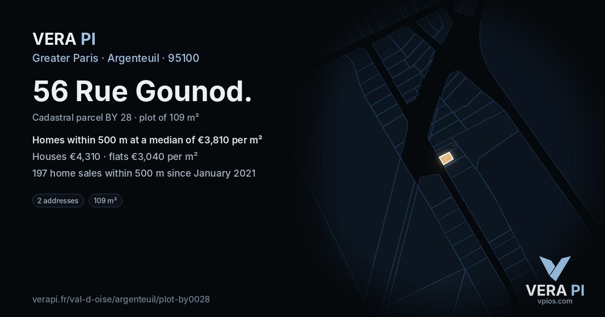 56 Rue Gounod, Argenteuil at night – the plot lit, the parcels around coloured by the prices near them