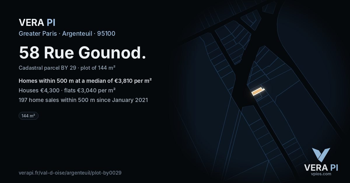 58 Rue Gounod, Argenteuil at night – the plot lit, the parcels around coloured by the prices near them