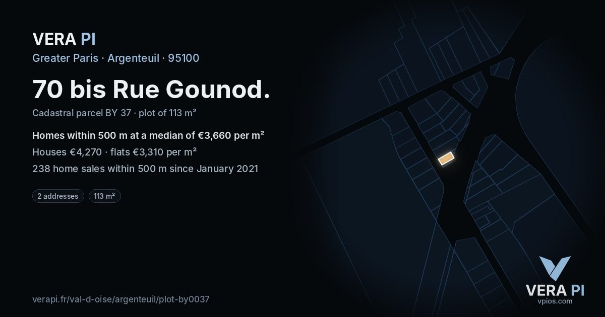 70 bis Rue Gounod, Argenteuil at night – the plot lit, the parcels around coloured by the prices near them