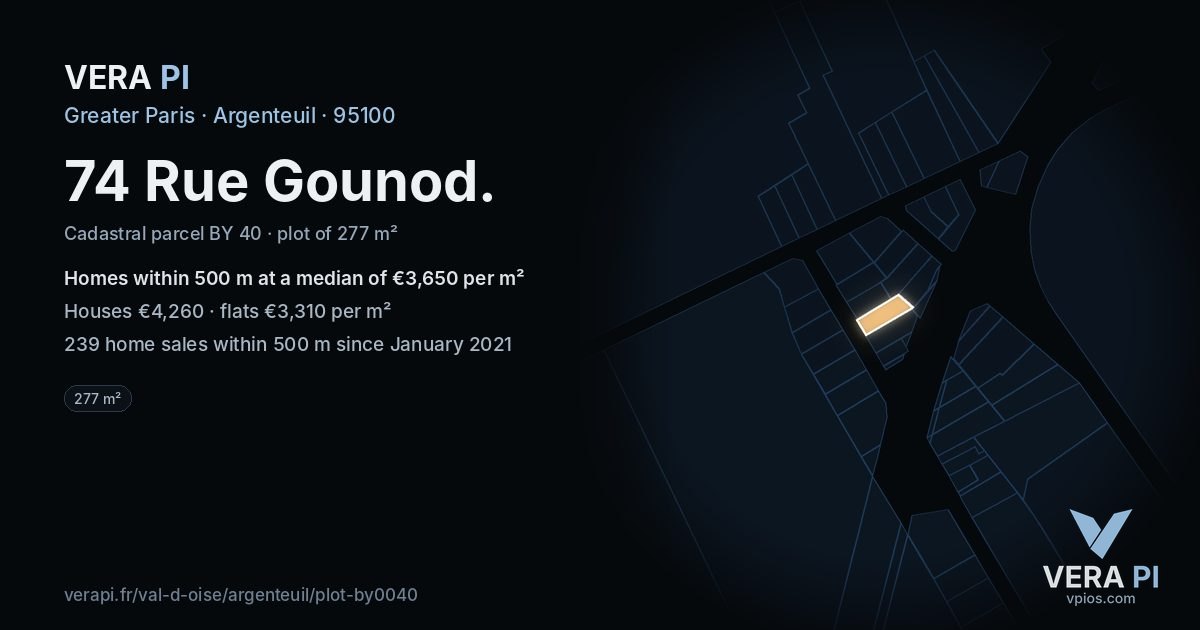 74 Rue Gounod, Argenteuil at night – the plot lit, the parcels around coloured by the prices near them