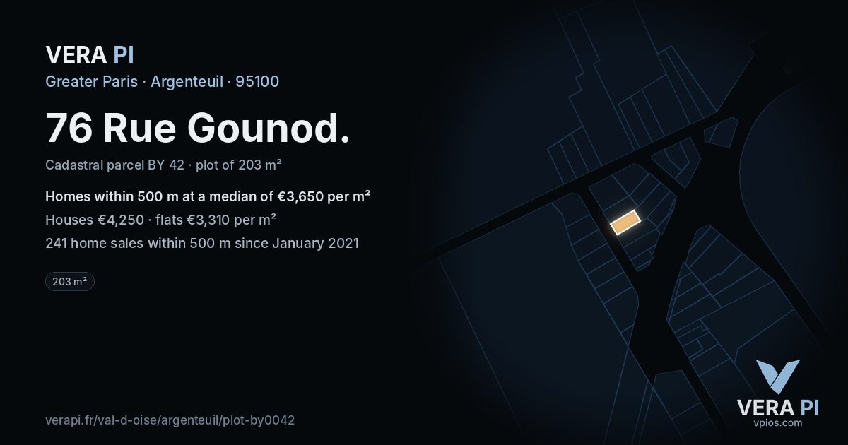 76 Rue Gounod, Argenteuil at night – the plot lit, the parcels around coloured by the prices near them