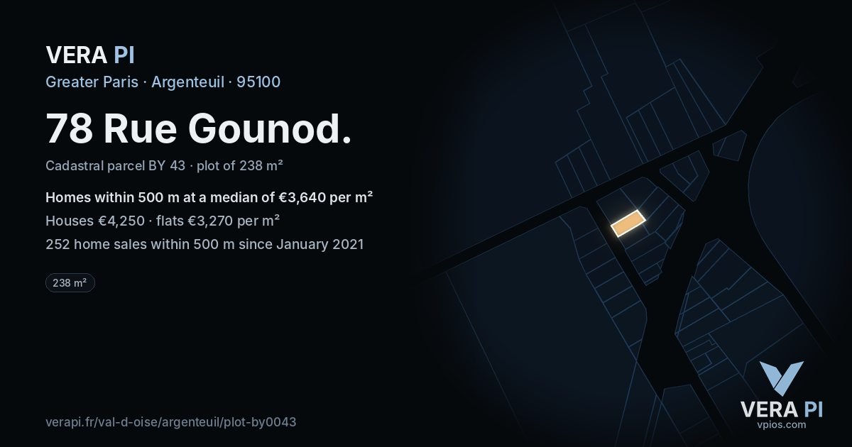 78 Rue Gounod, Argenteuil at night – the plot lit, the parcels around coloured by the prices near them