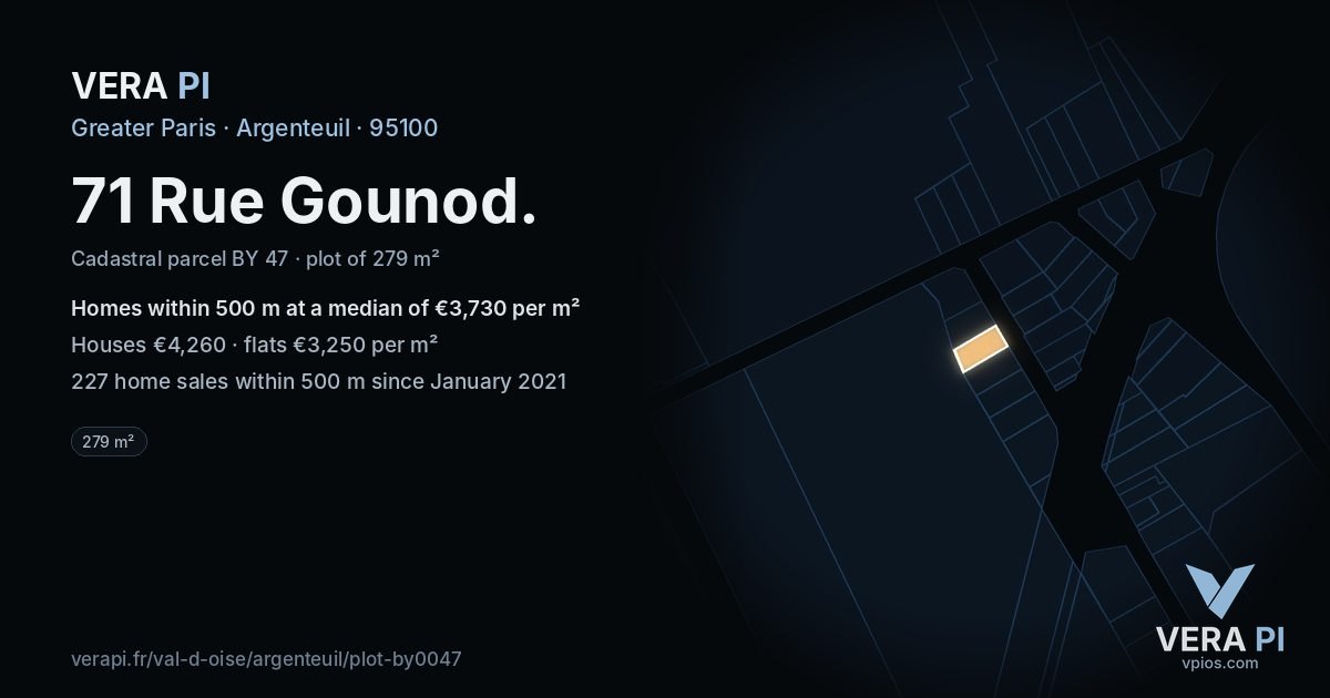 71 Rue Gounod, Argenteuil at night – the plot lit, the parcels around coloured by the prices near them