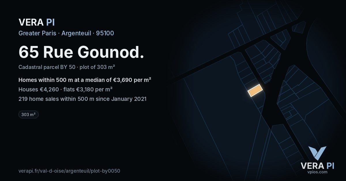 65 Rue Gounod, Argenteuil at night – the plot lit, the parcels around coloured by the prices near them