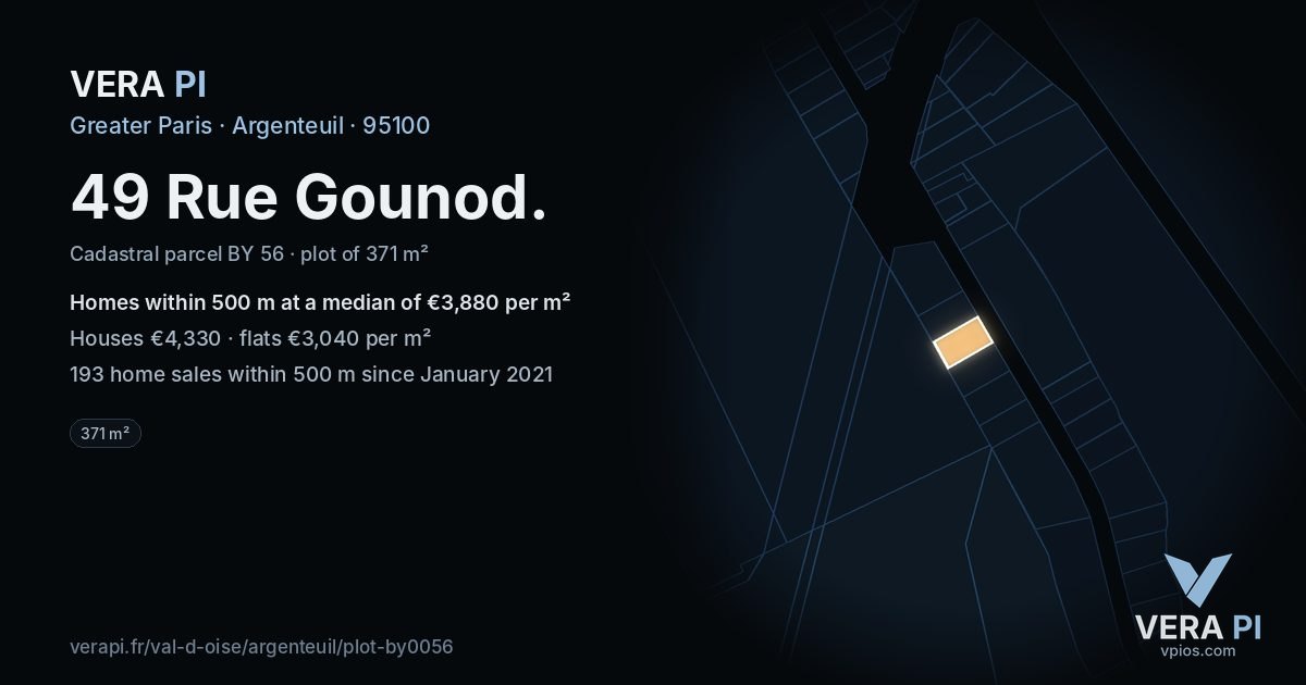 49 Rue Gounod, Argenteuil at night – the plot lit, the parcels around coloured by the prices near them
