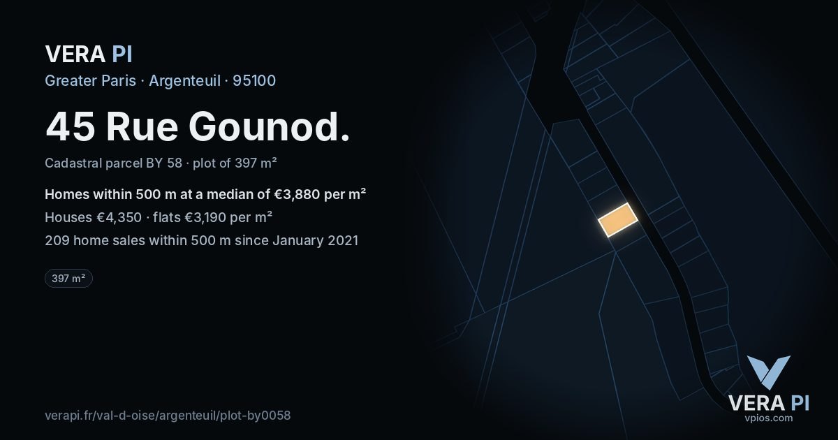 45 Rue Gounod, Argenteuil at night – the plot lit, the parcels around coloured by the prices near them
