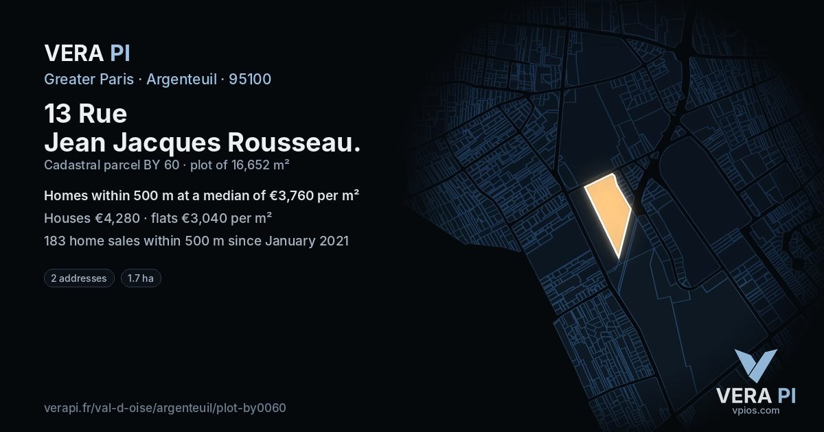 13 Rue Jean Jacques Rousseau, Argenteuil at night – the plot lit, the parcels around coloured by the prices near them