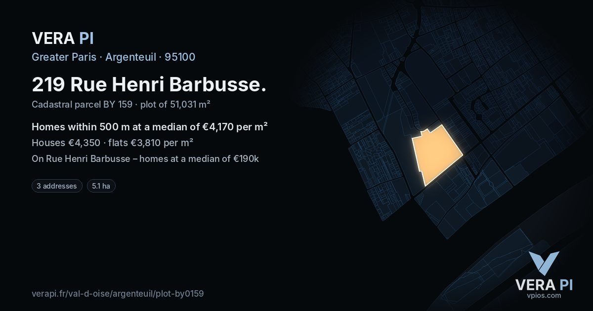 219 Rue Henri Barbusse, Argenteuil at night – the plot lit, the parcels around coloured by the prices near them