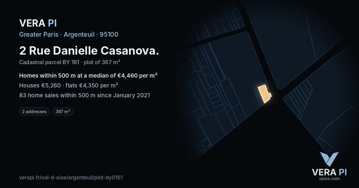 2 Rue Danielle Casanova, Argenteuil at night – the plot lit, the parcels around coloured by the prices near them