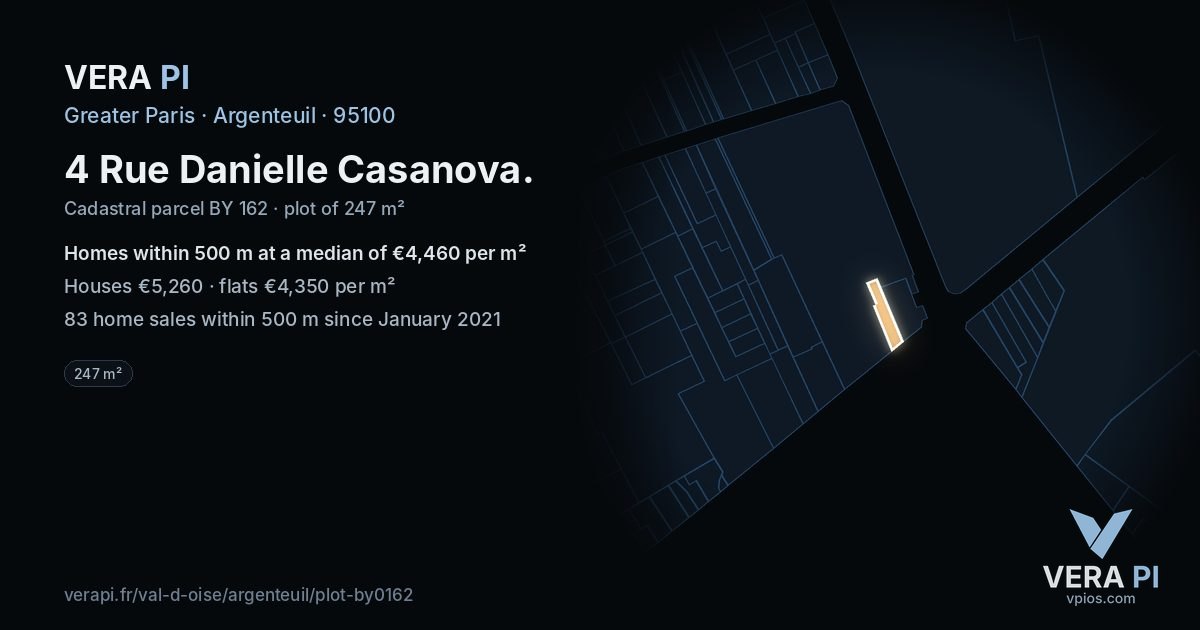 4 Rue Danielle Casanova, Argenteuil at night – the plot lit, the parcels around coloured by the prices near them
