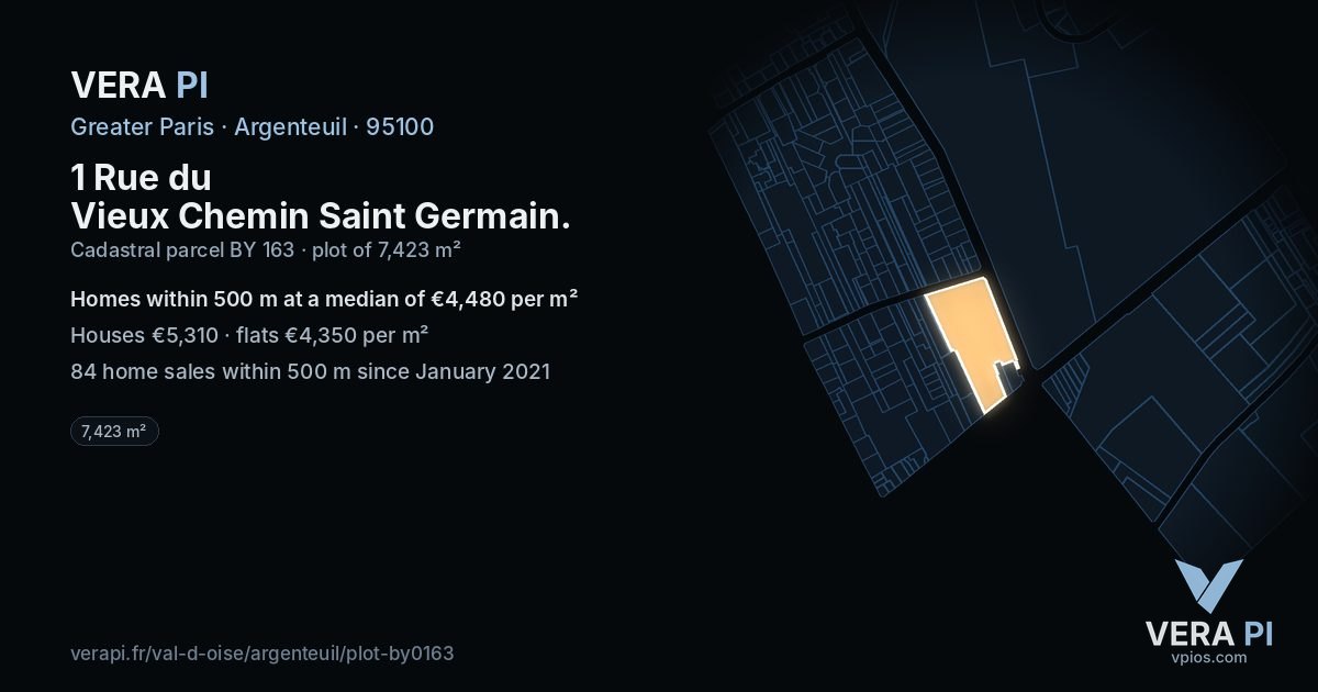1 Rue du Vieux Chemin Saint Germain, Argenteuil at night – the plot lit, the parcels around coloured by the prices near them