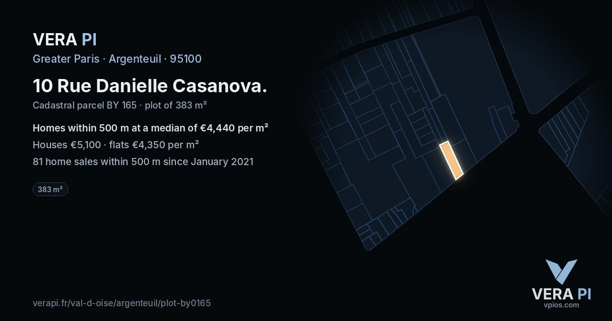 10 Rue Danielle Casanova, Argenteuil at night – the plot lit, the parcels around coloured by the prices near them