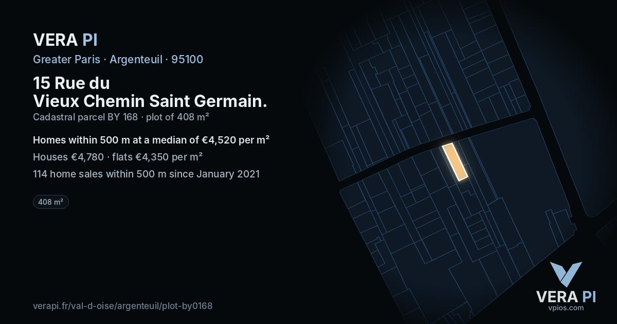 15 Rue du Vieux Chemin Saint Germain, Argenteuil at night – the plot lit, the parcels around coloured by the prices near them