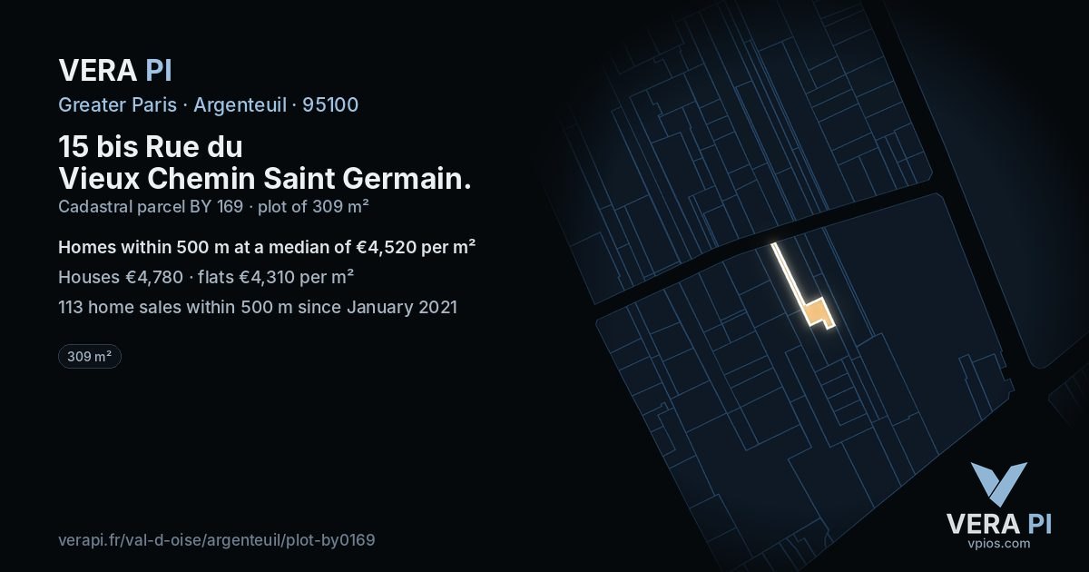 15 bis Rue du Vieux Chemin Saint Germain, Argenteuil at night – the plot lit, the parcels around coloured by the prices near them