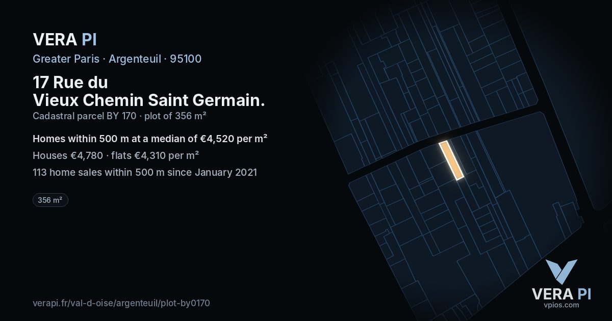 17 Rue du Vieux Chemin Saint Germain, Argenteuil at night – the plot lit, the parcels around coloured by the prices near them