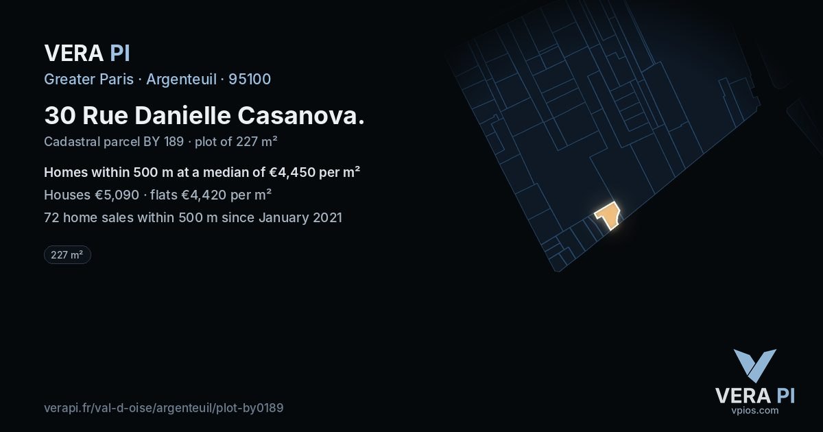 30 Rue Danielle Casanova, Argenteuil at night – the plot lit, the parcels around coloured by the prices near them