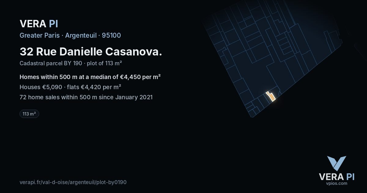 32 Rue Danielle Casanova, Argenteuil at night – the plot lit, the parcels around coloured by the prices near them
