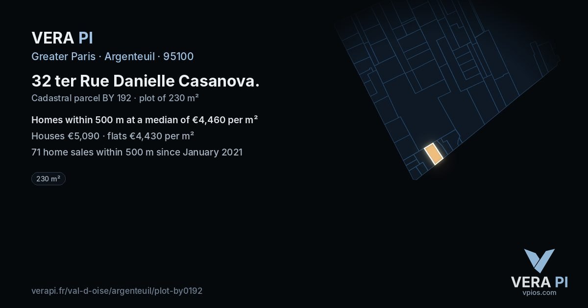 32 ter Rue Danielle Casanova, Argenteuil at night – the plot lit, the parcels around coloured by the prices near them
