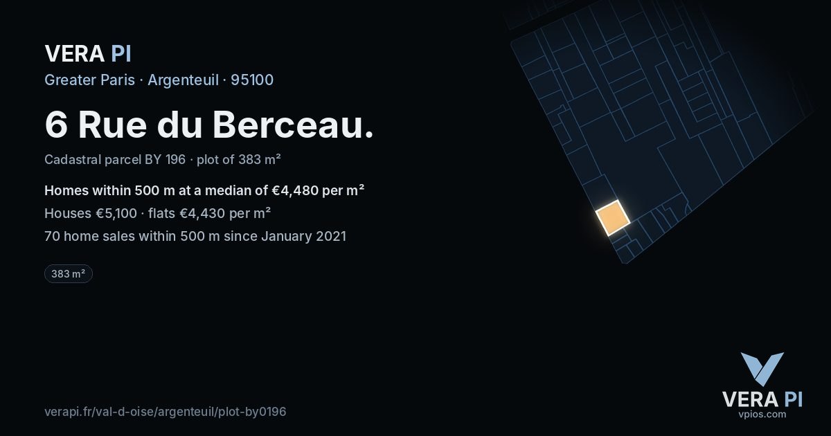 6 Rue du Berceau, Argenteuil at night – the plot lit, the parcels around coloured by the prices near them