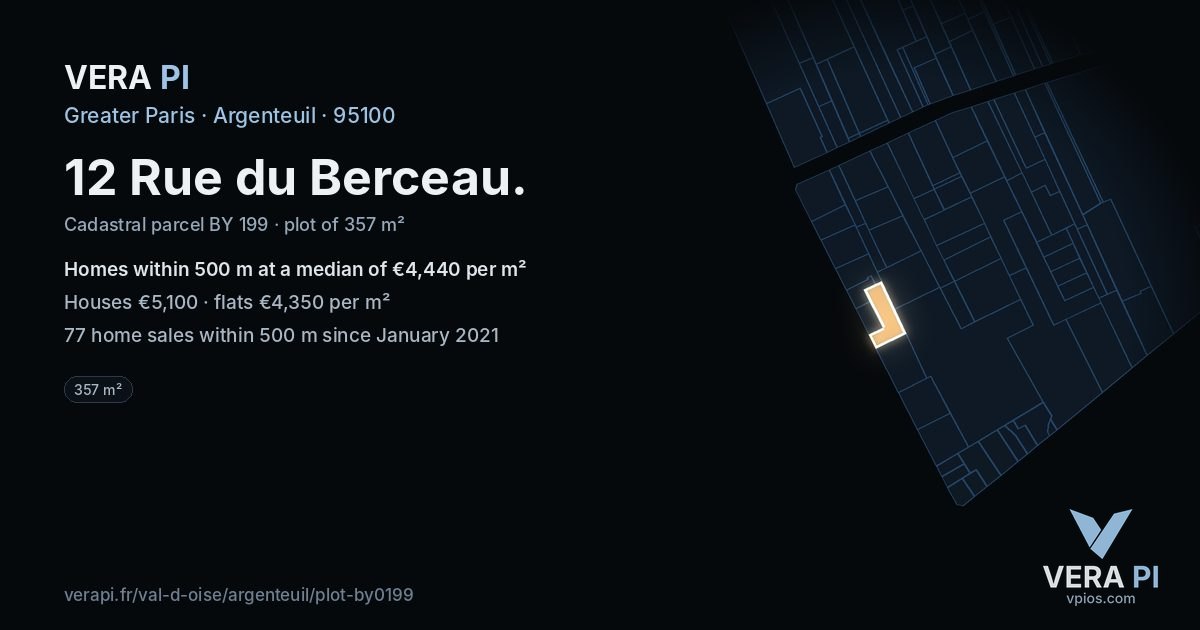 12 Rue du Berceau, Argenteuil at night – the plot lit, the parcels around coloured by the prices near them
