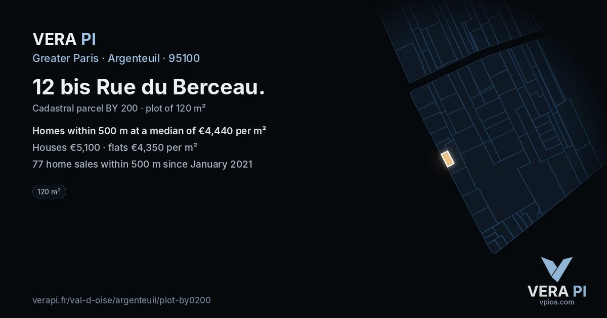 12 bis Rue du Berceau, Argenteuil at night – the plot lit, the parcels around coloured by the prices near them