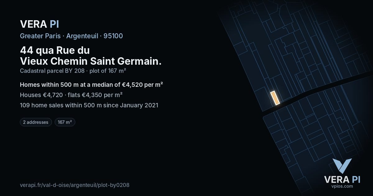 44 qua Rue du Vieux Chemin Saint Germain, Argenteuil at night – the plot lit, the parcels around coloured by the prices near them