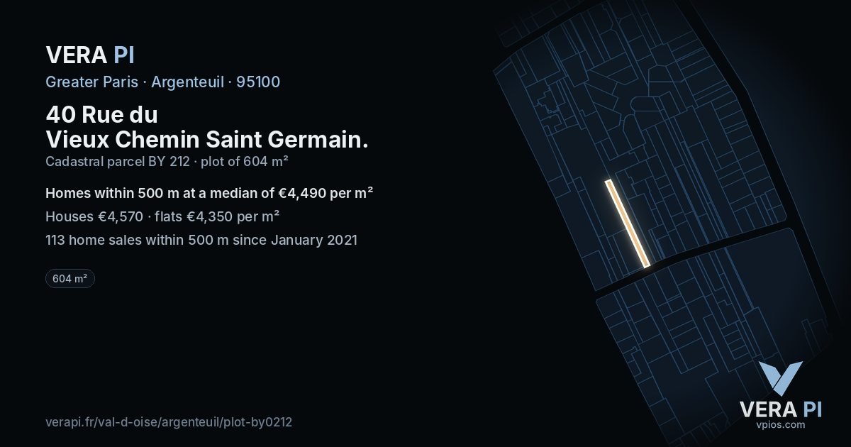 40 Rue du Vieux Chemin Saint Germain, Argenteuil at night – the plot lit, the parcels around coloured by the prices near them