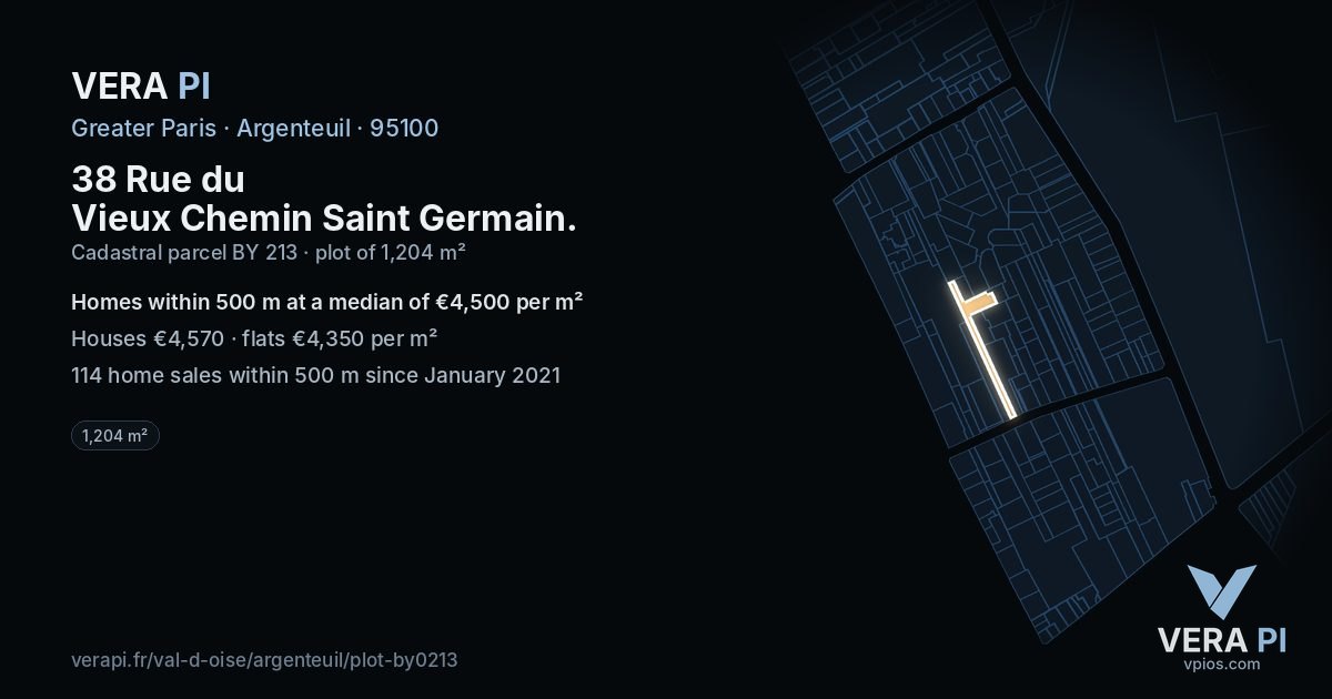 38 Rue du Vieux Chemin Saint Germain, Argenteuil at night – the plot lit, the parcels around coloured by the prices near them