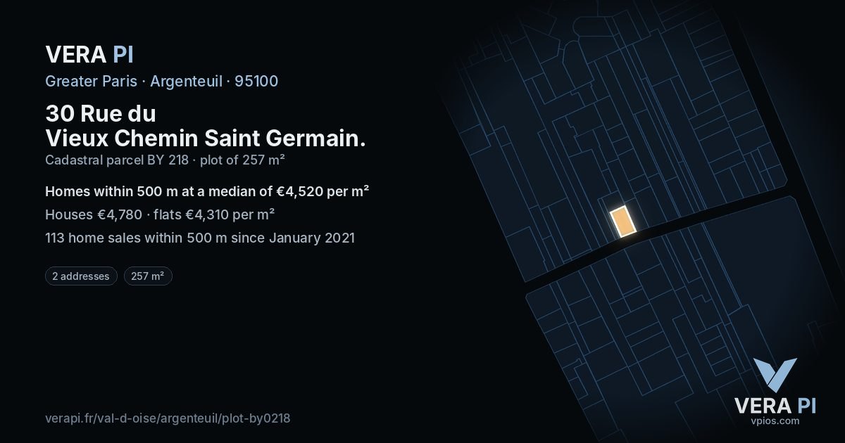 30 Rue du Vieux Chemin Saint Germain, Argenteuil at night – the plot lit, the parcels around coloured by the prices near them