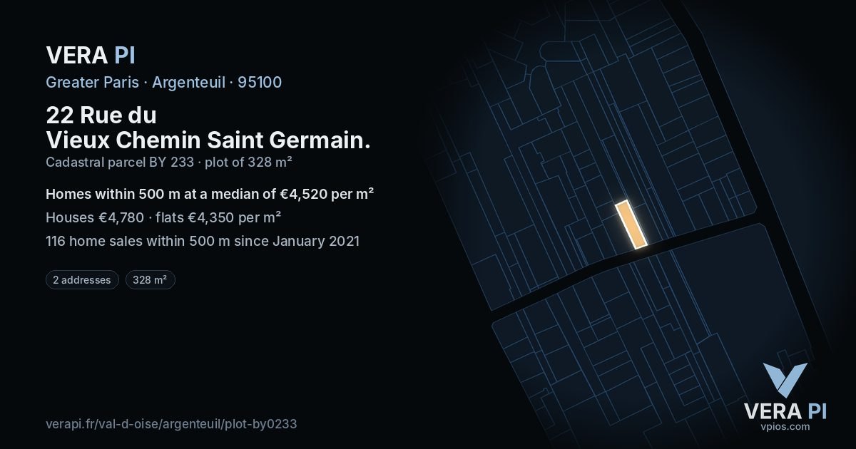 22 Rue du Vieux Chemin Saint Germain, Argenteuil at night – the plot lit, the parcels around coloured by the prices near them