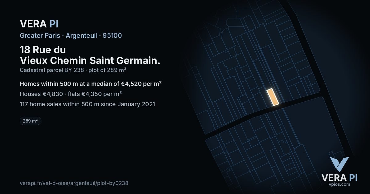 18 Rue du Vieux Chemin Saint Germain, Argenteuil at night – the plot lit, the parcels around coloured by the prices near them