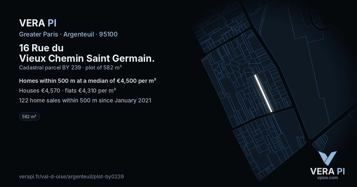 16 Rue du Vieux Chemin Saint Germain, Argenteuil at night – the plot lit, the parcels around coloured by the prices near them
