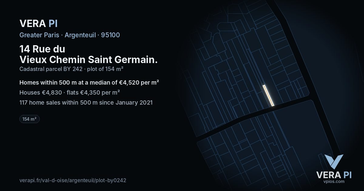 14 Rue du Vieux Chemin Saint Germain, Argenteuil at night – the plot lit, the parcels around coloured by the prices near them