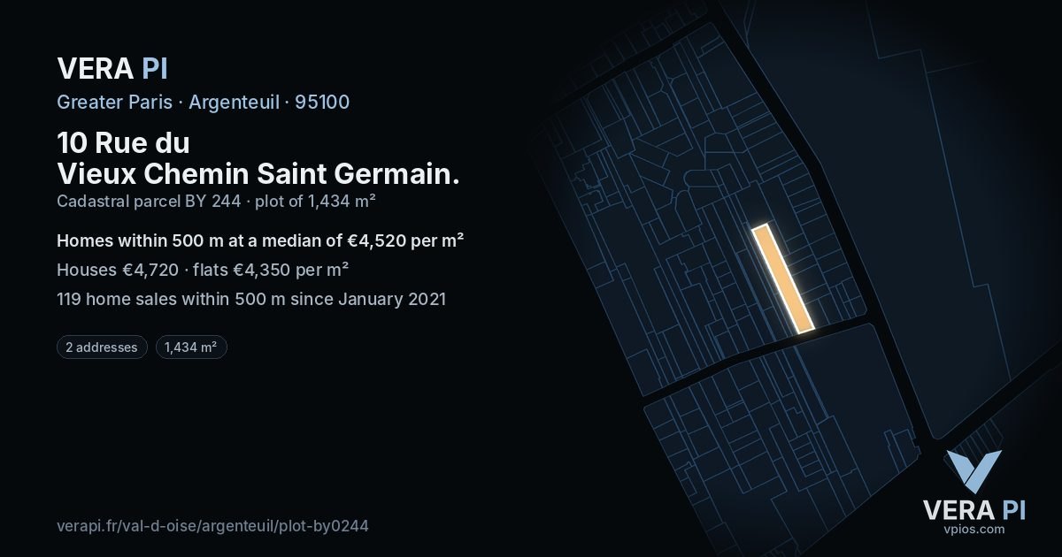 10 Rue du Vieux Chemin Saint Germain, Argenteuil at night – the plot lit, the parcels around coloured by the prices near them