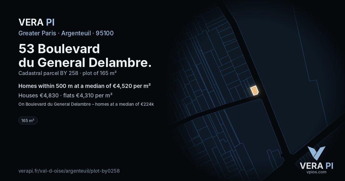 53 Boulevard du General Delambre, Argenteuil at night – the plot lit, the parcels around coloured by the prices near them