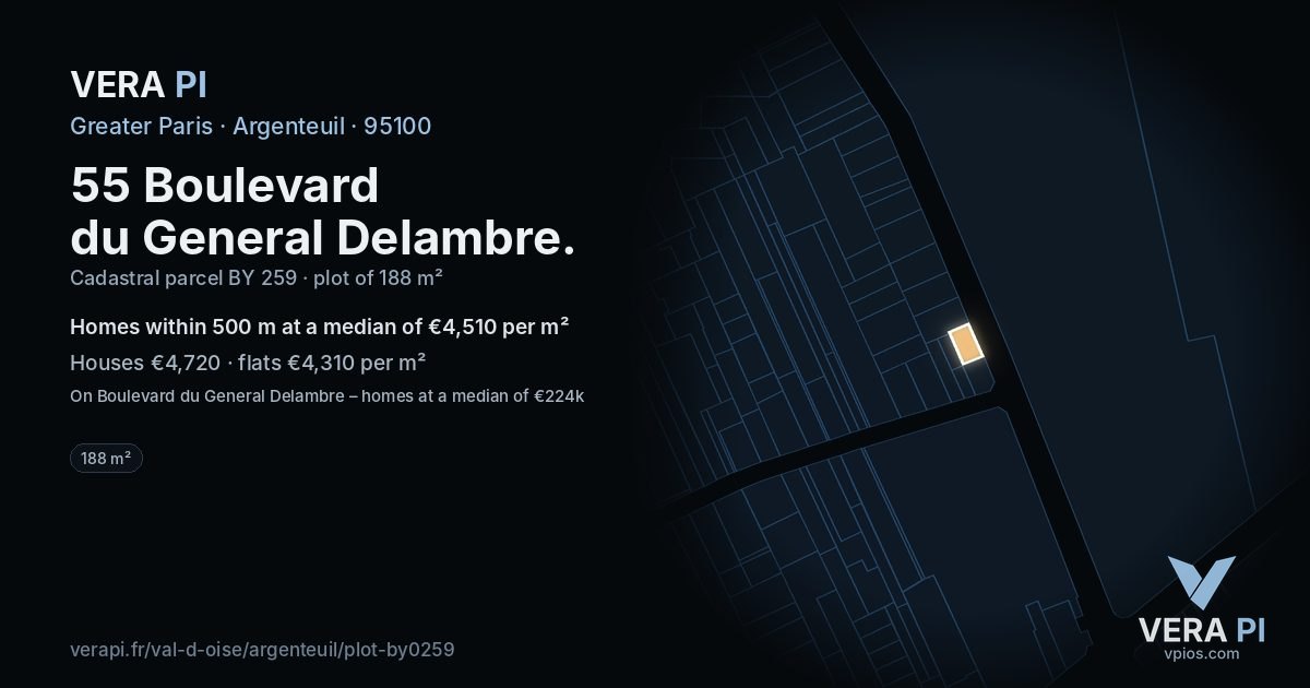 55 Boulevard du General Delambre, Argenteuil at night – the plot lit, the parcels around coloured by the prices near them