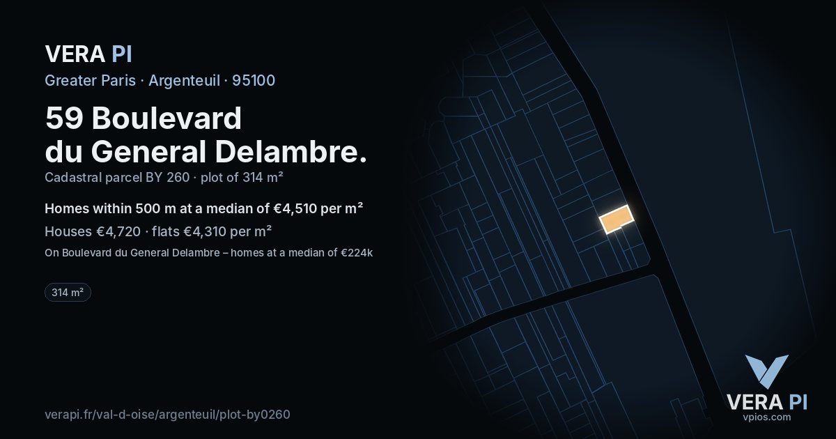 59 Boulevard du General Delambre, Argenteuil at night – the plot lit, the parcels around coloured by the prices near them