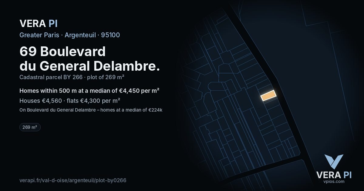 69 Boulevard du General Delambre, Argenteuil at night – the plot lit, the parcels around coloured by the prices near them