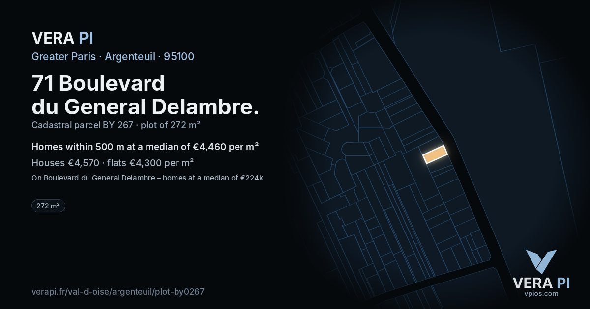 71 Boulevard du General Delambre, Argenteuil at night – the plot lit, the parcels around coloured by the prices near them