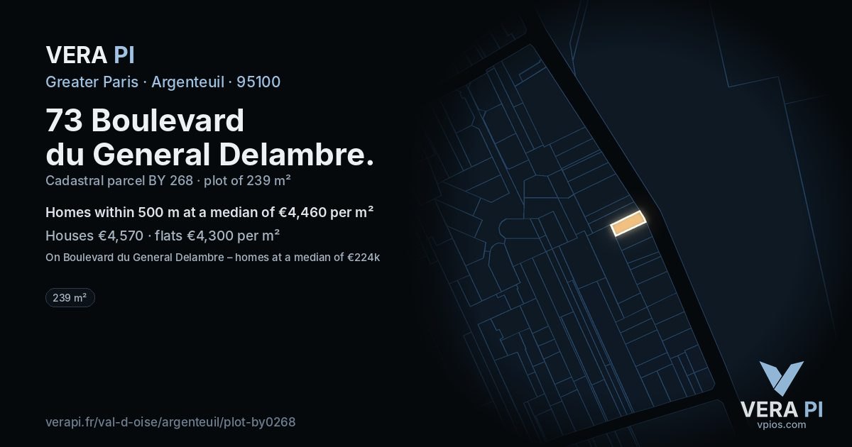 73 Boulevard du General Delambre, Argenteuil at night – the plot lit, the parcels around coloured by the prices near them